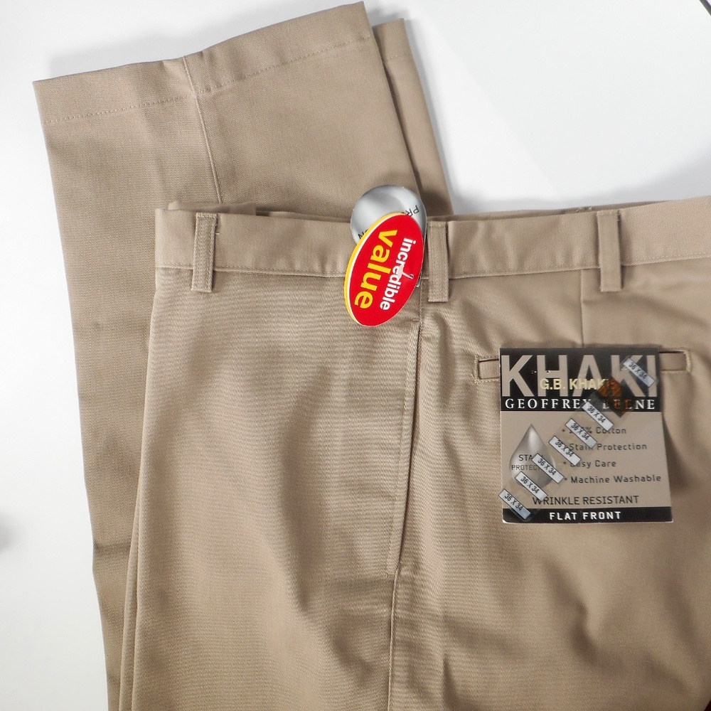 Geoffrey Beene Mens Khaki Pant 36x34 Wrinkle Resistant Flat Front Beige Tan NWT